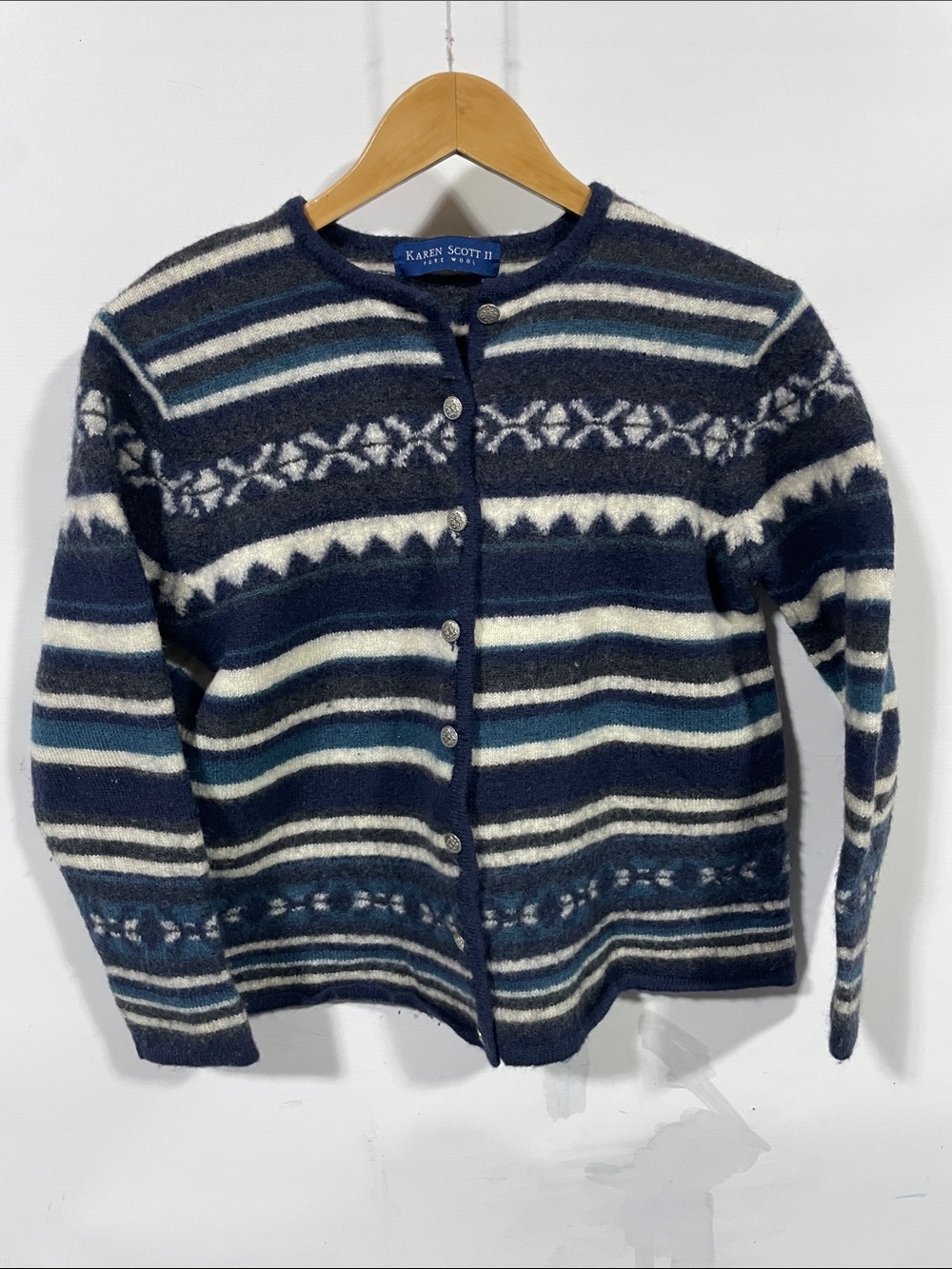 Karen Scott pure wool Navy, Cream & Light Blue Striped Fair Isle Cardigan